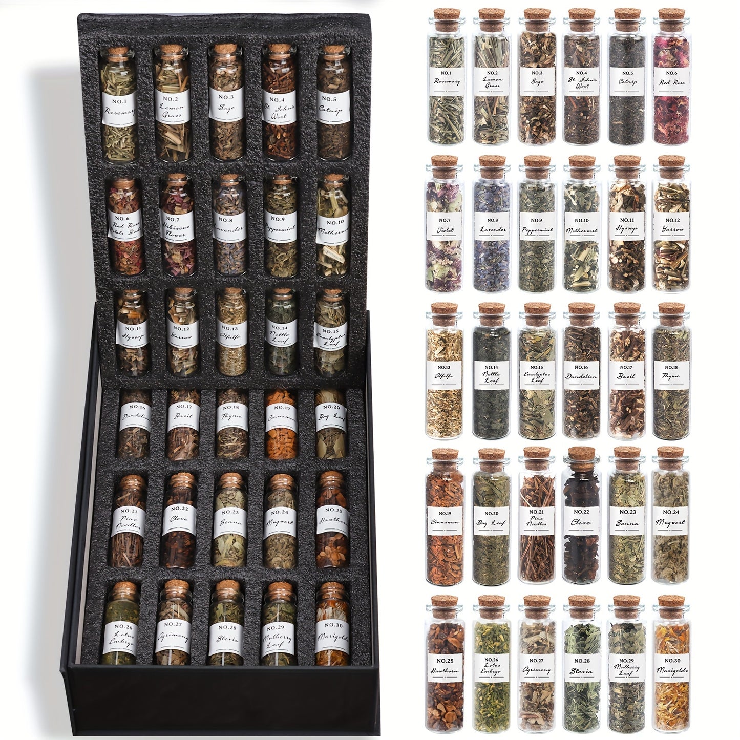 30 piece dried herbs ritual decor kit with crystal spoon and botanical vials