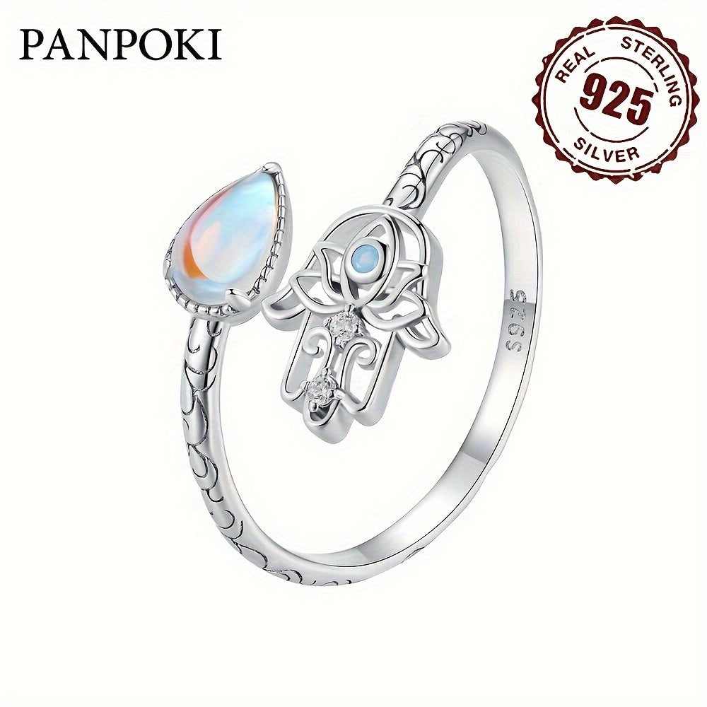 925 Sterling Silver Hamsa Wrap Ring – Zircon Palm Design Elegant Adjustable Ring on a white background