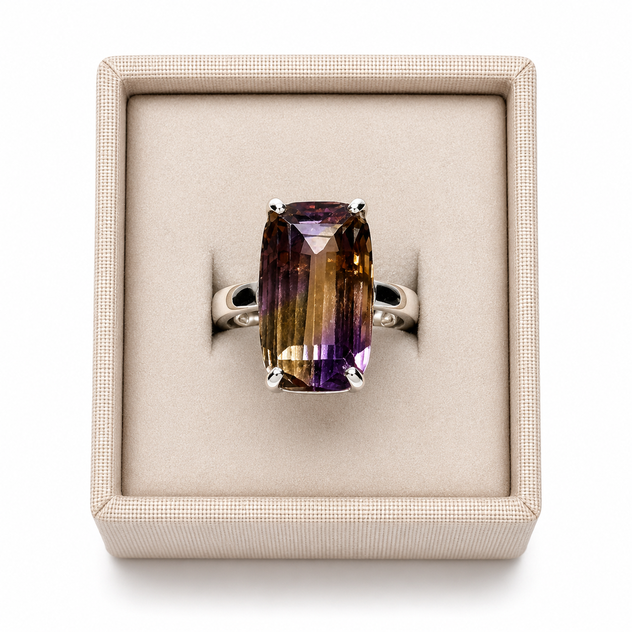 Sterling silver ametrine rectangle ring in a box displayed on a white background. - Clover's Charm