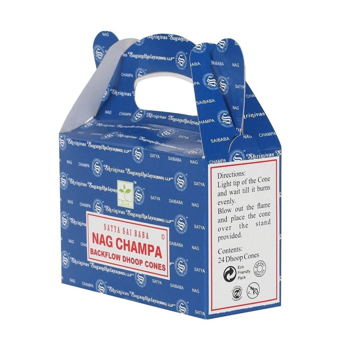 Satya Nag Champa backflow dhoop cones packaging side view of the directions on a white background -Clover's Charm.