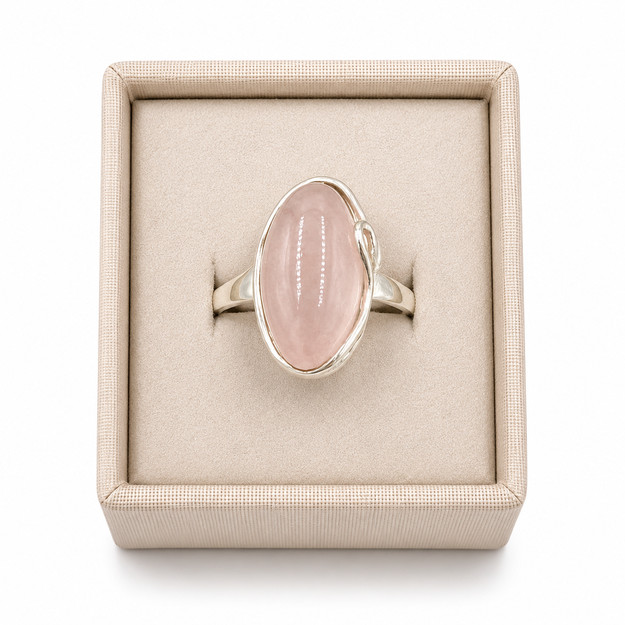 Sterling Silver Flow Banded Oval Rose Quartz in a decorative box on a white background -Clover's Charm.