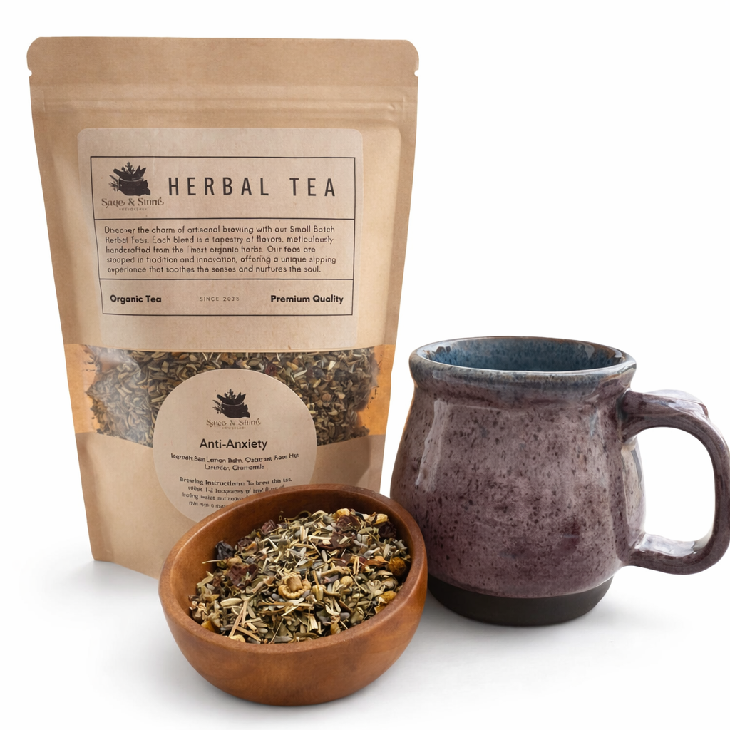 Anti-anxiety herbal tea package, bowl of tea leaves, and ceramic mug on a white background. -Clover's Charm