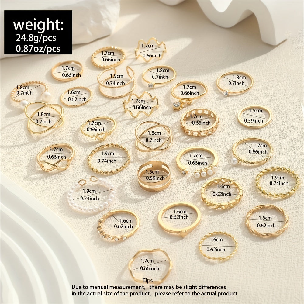 Celestial Coquette Stacking Rings Set – 28‑Piece Rhinestone & Infinity Charm Gold Ring Collection measurements