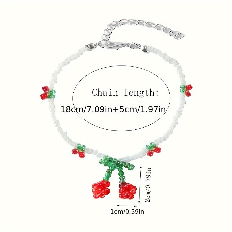 Cherry Beaded Bracelet with Red, Green & White Mini Beads – Elegant Alloy Design with measurements on a white background.
