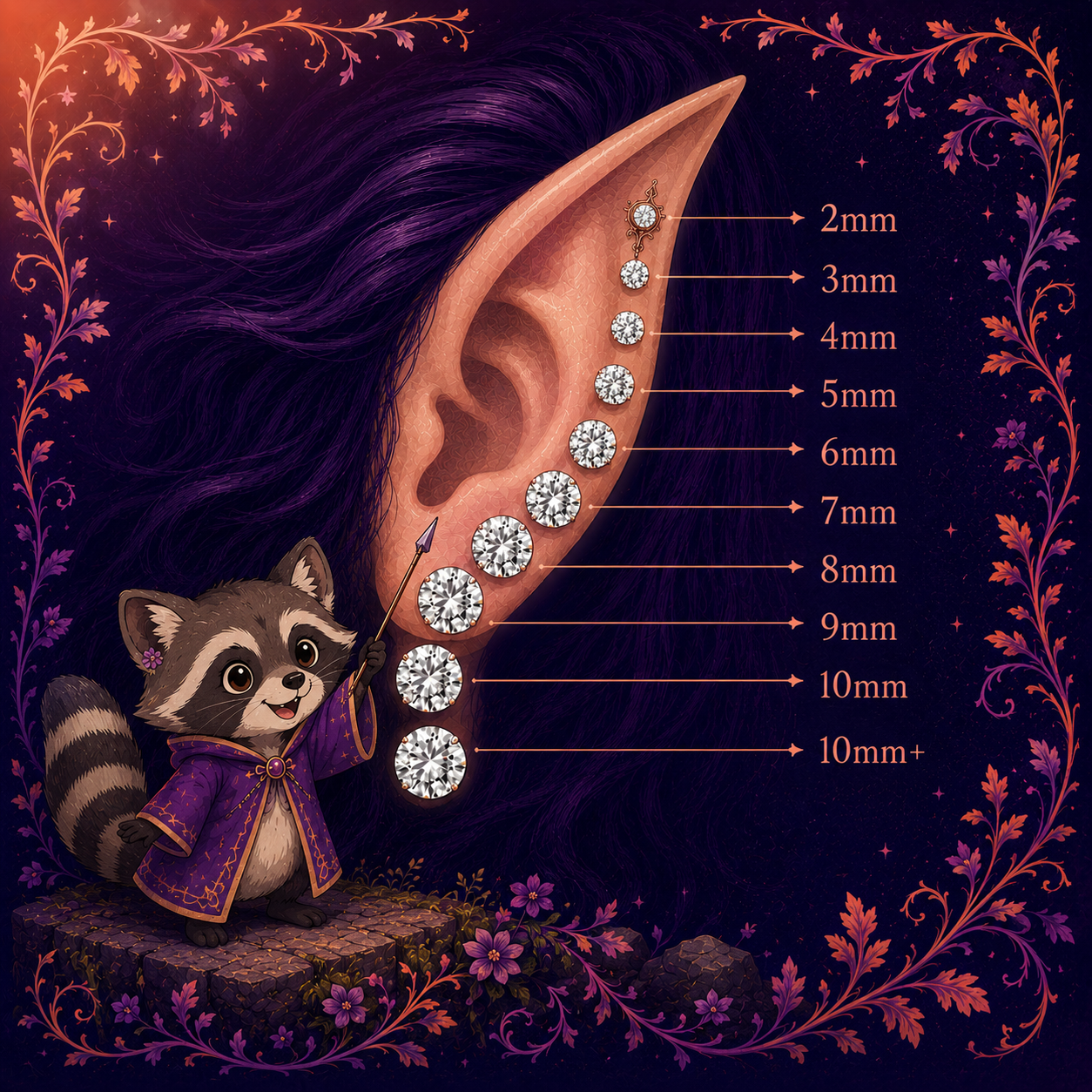 A elvish ear surrounded by flowing purple hair. Stud earrings go from top to bottom of the ear each a different size going up in order. A diagram that displays measurements accompanies. - Clover's Charm