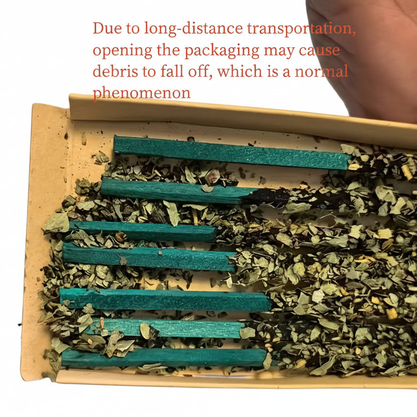 herbal incense in a green on a white background. with onscreen text, "Due to long-distance transportation, opening the packaging may cause debris to fall off, which is a normal phenomenon