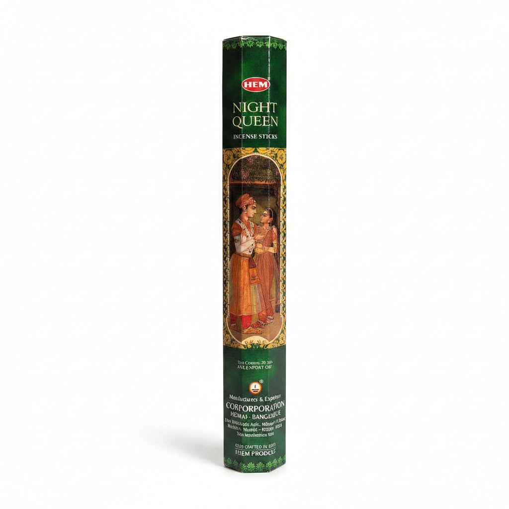 Pack of Night Queen byHEM incense sticks with a green label on a white background. -Clover's Charm
