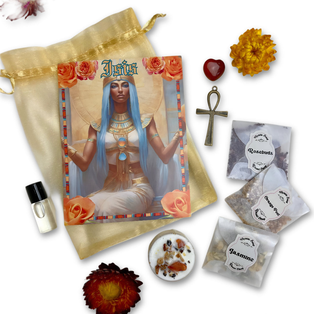 Collection of items including a tarot card with a goddess, a small bottle, and decorative elements on a white background.