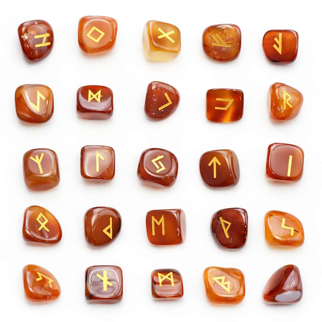Set of amber-colored rocks with runic symbols on a white background