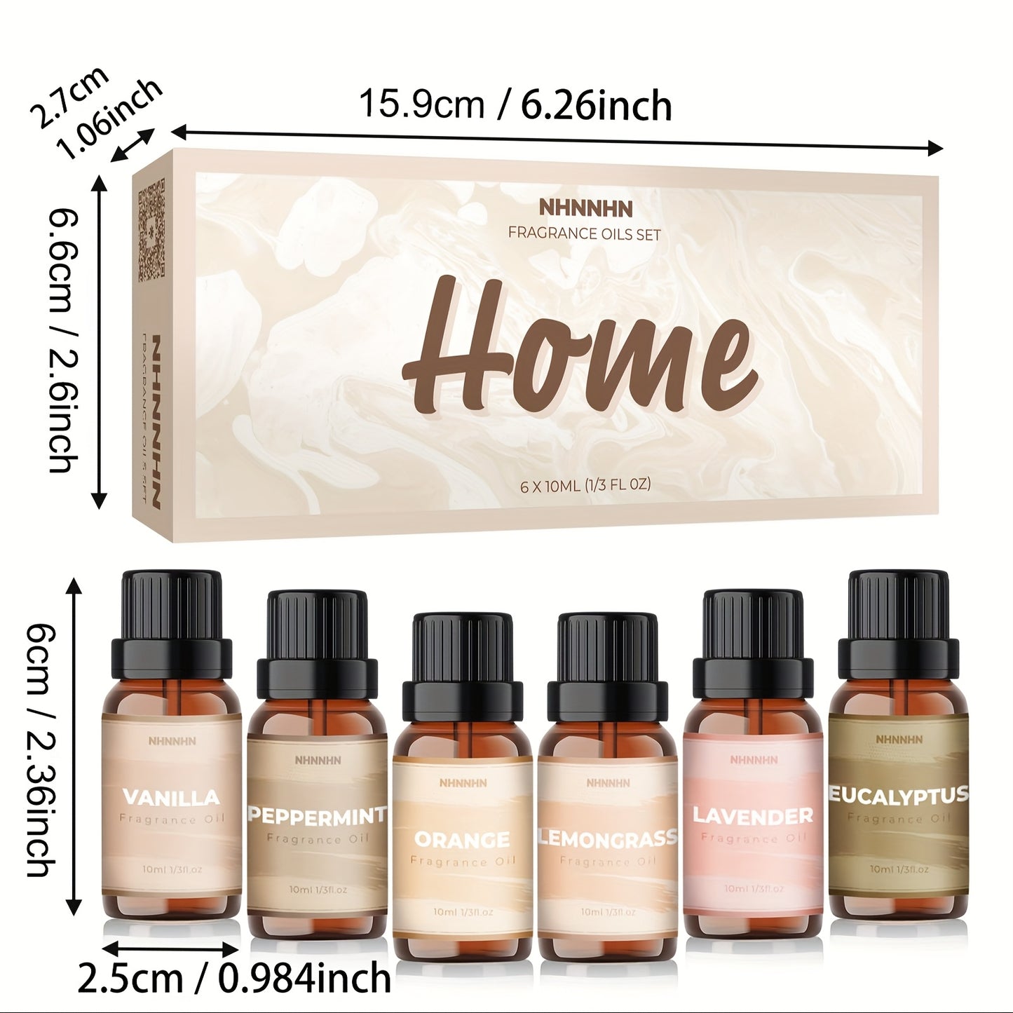 Fragrance oils set with 'Home' packaging and measurements