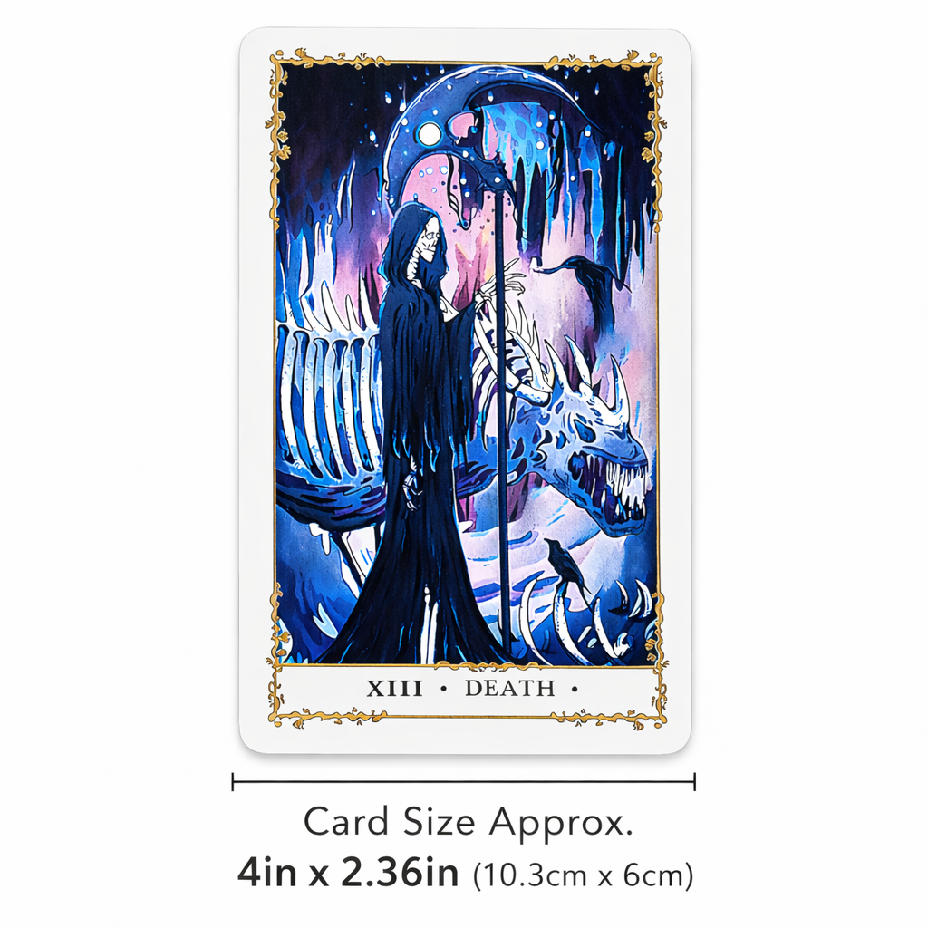 Tarot card titled 'XIII Death' with a dark figure and skeletal elements, size 4in x 2.36in.