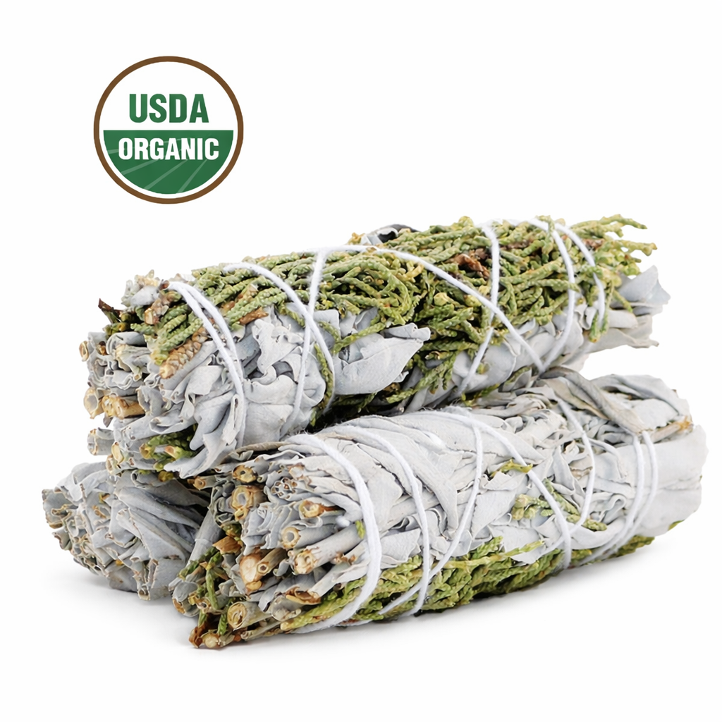 Three bundled sage smudge sticks with USDA Organic label on a white background - Clover's Charm