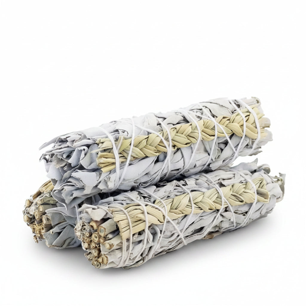 Three white sage and sweet grass bundles displayed on a white background - Clover's Charm
