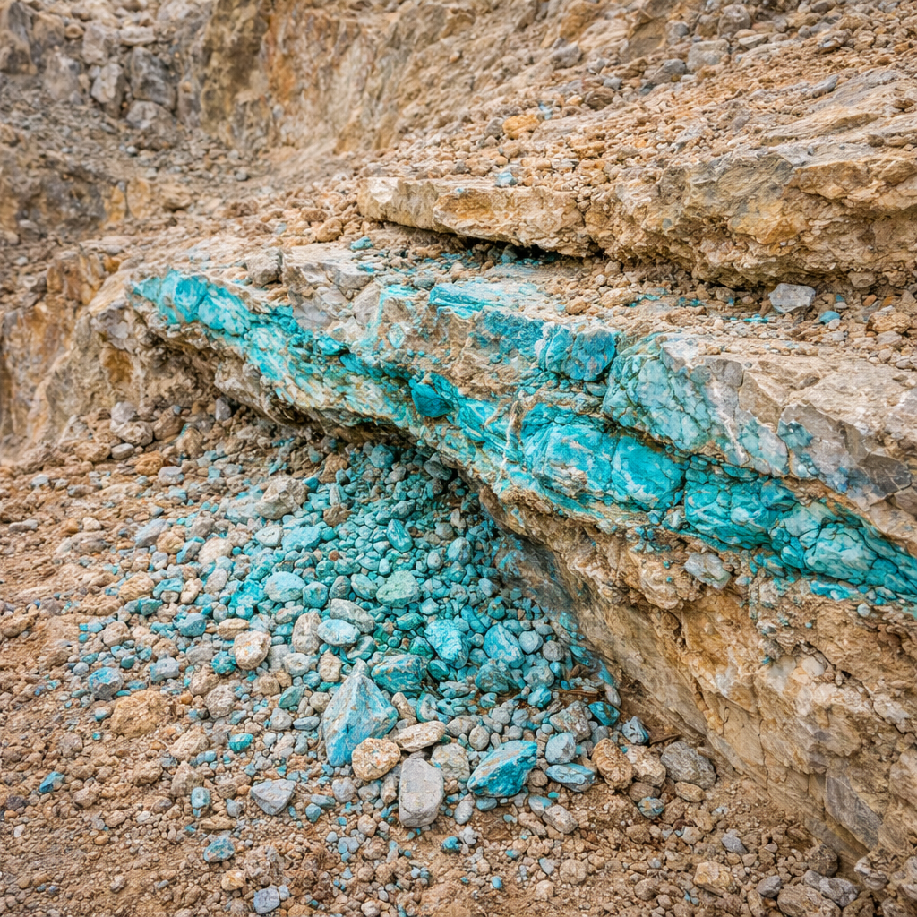 Kingman Turquoise exposed after being freshly mined. Stones spilled out onto the ground. 