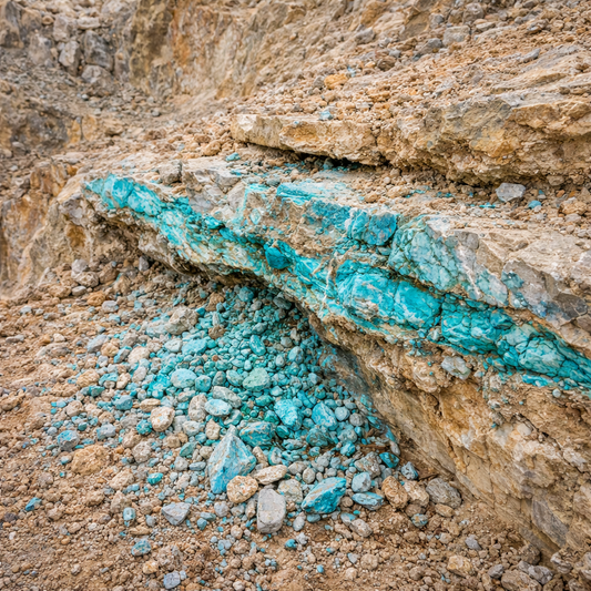 Kingman Turquoise exposed after being freshly mined. Stones spilled out onto the ground. 