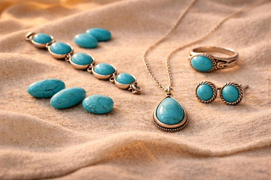Collection of Sleeping Beauty turquoise jewelry including pendant, ring, bracelet, and cabochons on natural linen fabric