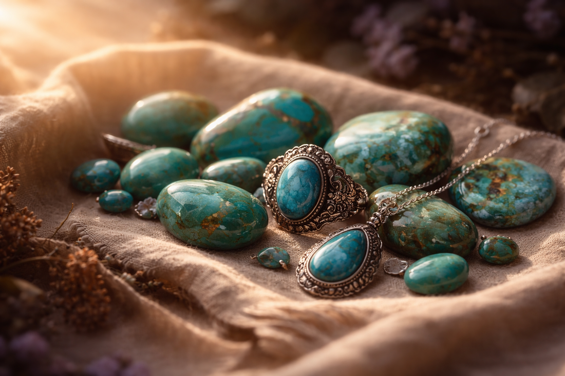 Turquoise jewelry and polished turquoise stones spread out on a neutral fabric