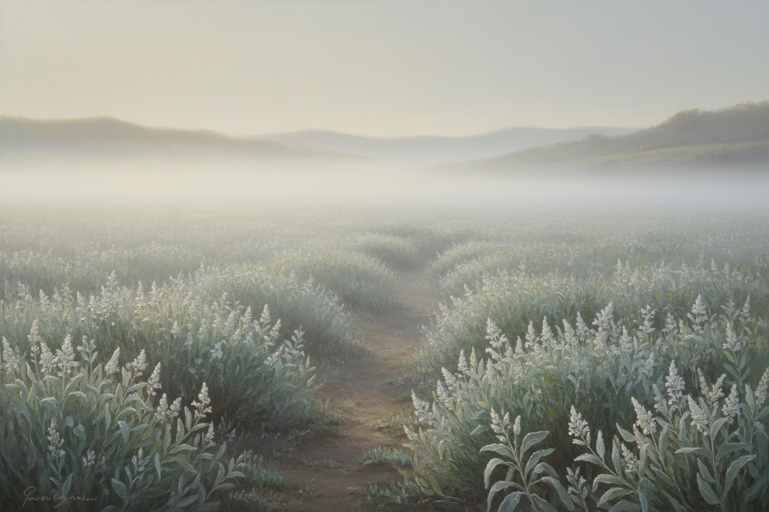 Wide misty field of wild white sage at dawn with a worn path leading into the distance — Clover's Charm