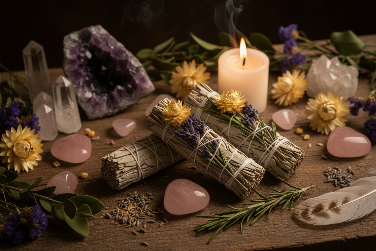 Floral white sage bundles stacked in the center of an altar surrounded by ritual supplies and a lit candle.