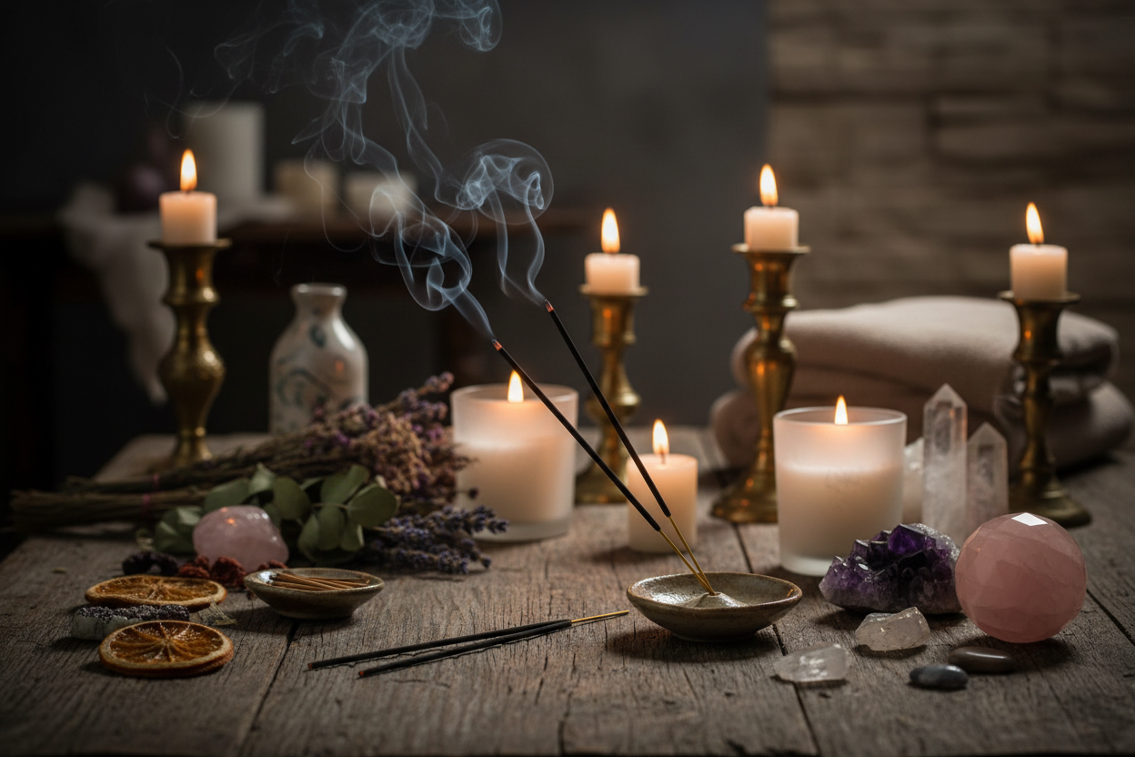 Burning incense on an altar with assorted ritual items