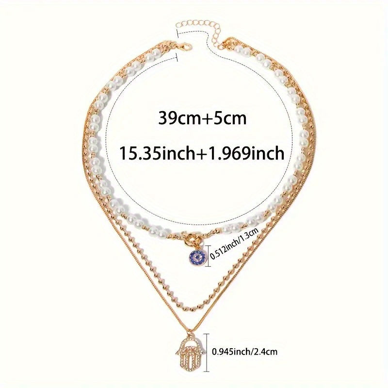 14K Gold Plated Layered Pearl Necklace – Evil Eye & Hamsa Charm Multi‑Layer Pendant for Women measurements
