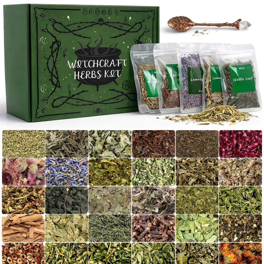 Witchcraft Herbs Kit packaging with various herbs displayed in a collage.