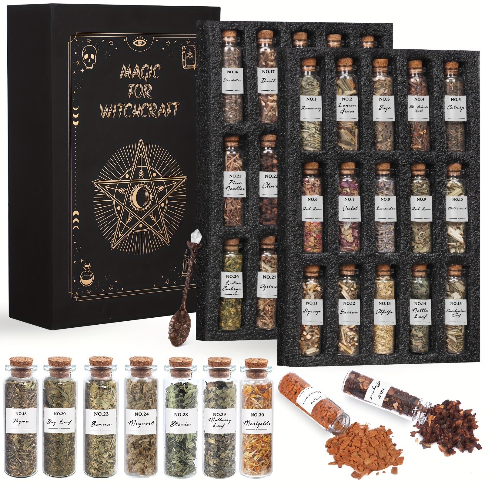 30‑Piece Dried Herbs Ritual Decor Kit with Crystal Spoon for Altar and Creative Use - Clover's Charm
