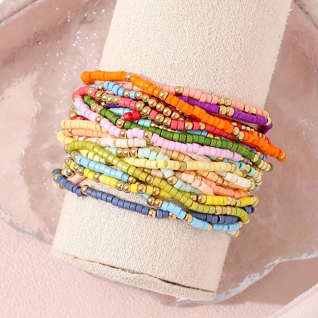 19-Piece Boho Style Beaded Bracelet Set - Mixed Glass and Plastic Beads, No Mosaic, Versatile for Daily and Vacation Wear, All-Season Compatible - Clover's Charm