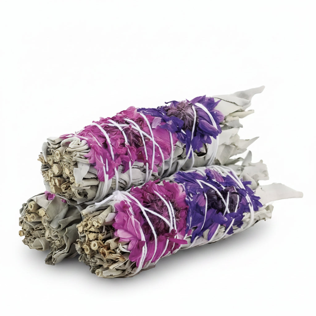 Blissful Floral White Sage Smudge Stick, 4-inch bundle with floral patterns and natural sage leaves. - Clover's Charm