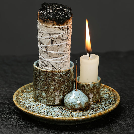 Glazed ceramic incense burner tray with upright incense holder and small candle cup on round textured base