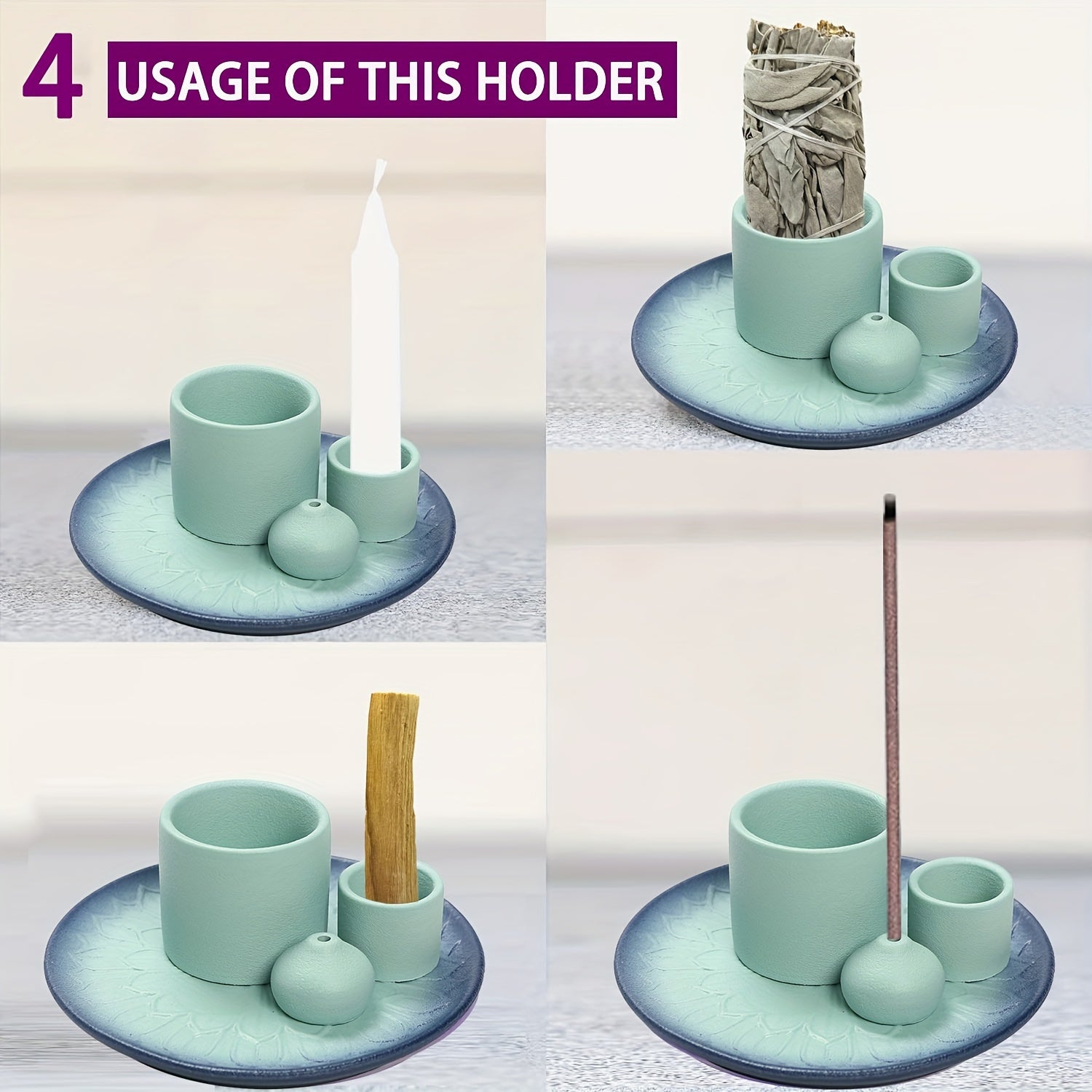 4‑in‑1 Ceramic Incense Burner Tray with Sage, Palo Santo and Candle Holder Decor - Clover's Charm