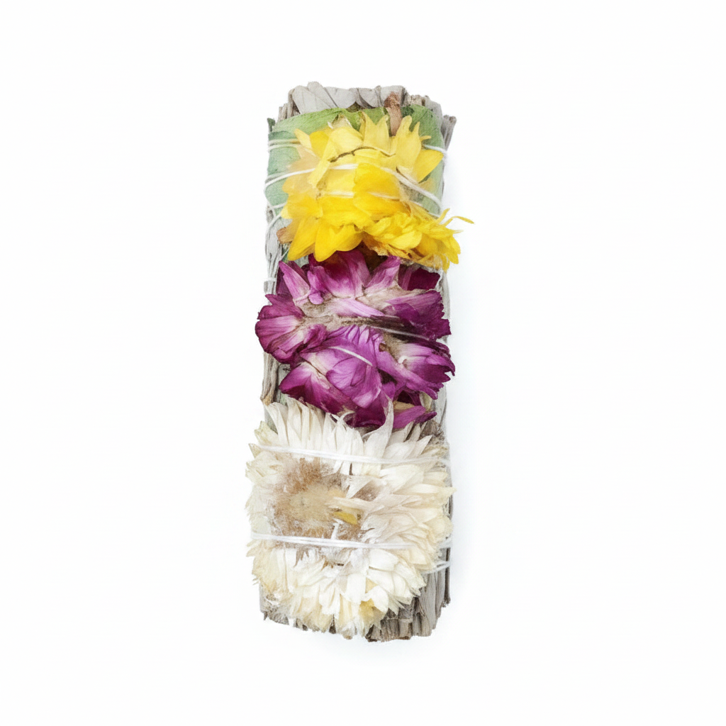 A single White sage smudge stick with green rose petals and three small flowers, ideal for cleansing and spiritual rituals. - Clover's Charm