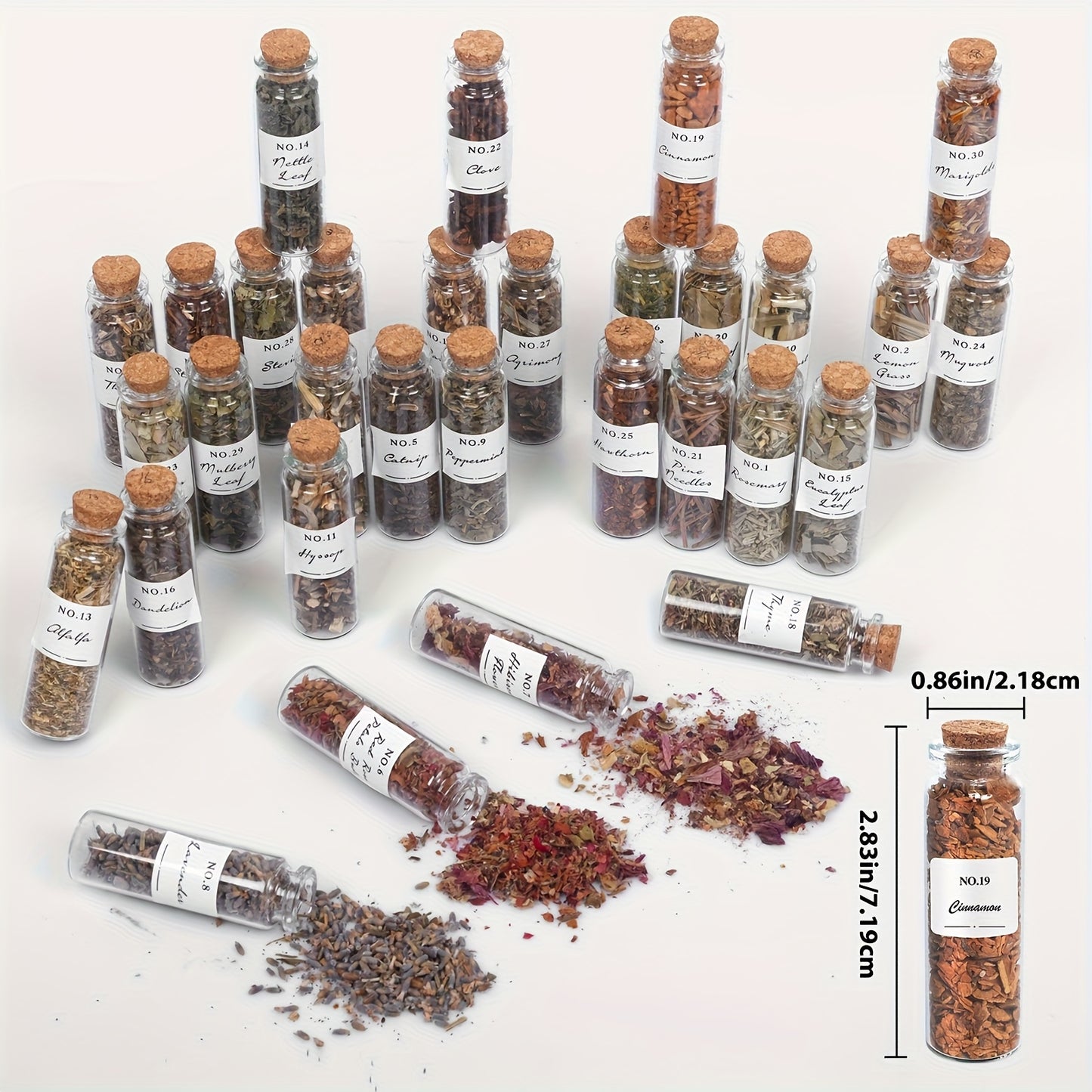 Collection of small glass bottles with cork lids containing various dried herbs on a white background and bottle dimension measurement. 