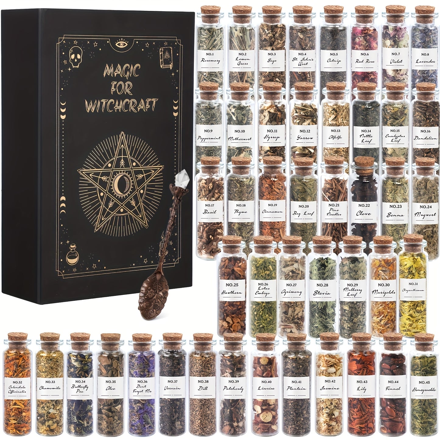 Black Boxed labeled, Magic For Witchcraft, dried herbs and flowers kit with crystal spoon and forty five labeled glass bottles displayed on a white background.