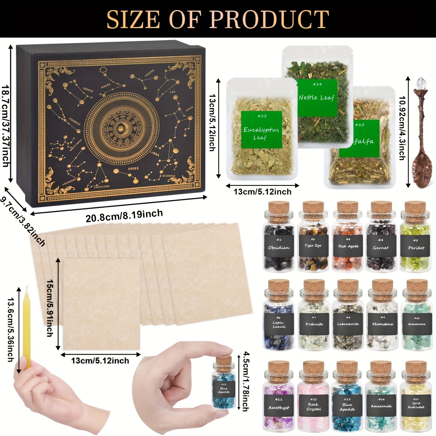 46 piece ritual inspired decor kit with crystal vials, dried botanicals, candles, and decorative accessories in a vintage style box measurements