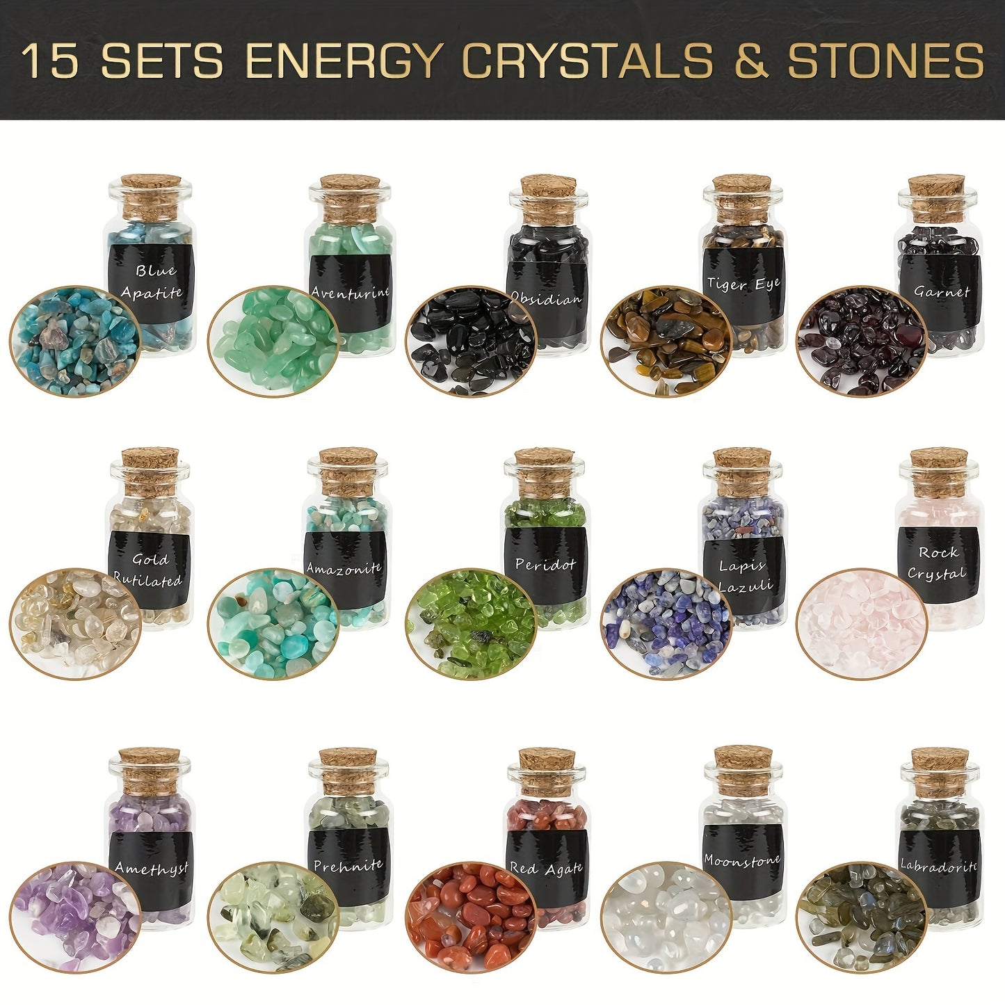 Collection of energy crystals and stones in small bottles with labels on a white background.