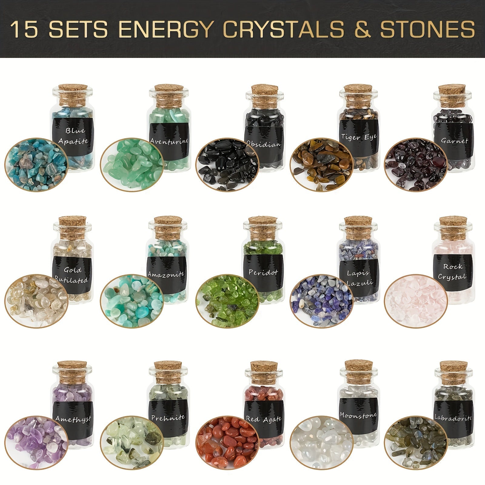 Collection of energy crystals and stones in small bottles with labels on a white background.