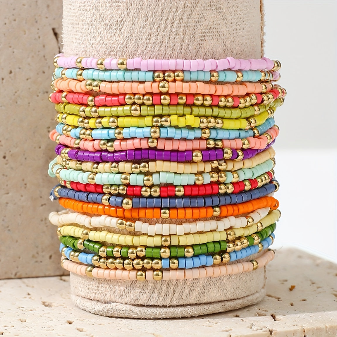 19-Piece Boho Style Beaded Bracelet Set - Mixed Glass and Plastic Beads, No Mosaic, Versatile for Daily and Vacation Wear, All-Season Compatible - Clover's Charm