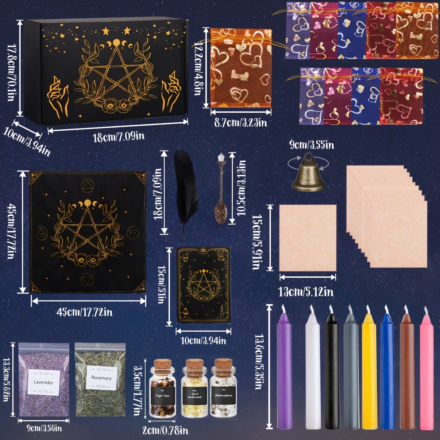 64-piece ritual decor starter kit with crystals candles herbs altar cloth and decorative tools arranged for beginner decor styling with a blue background and measurements