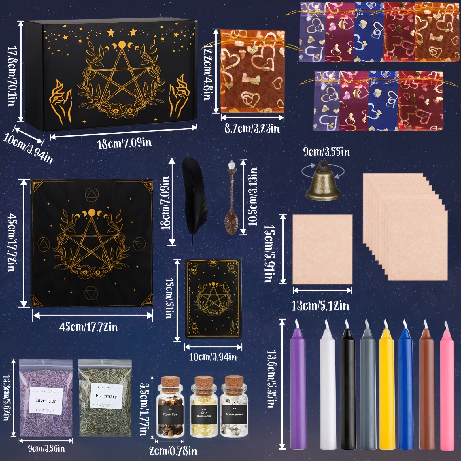 64-piece ritual decor starter kit with crystals candles herbs altar cloth and decorative tools arranged for beginner decor styling with a blue background and measurements