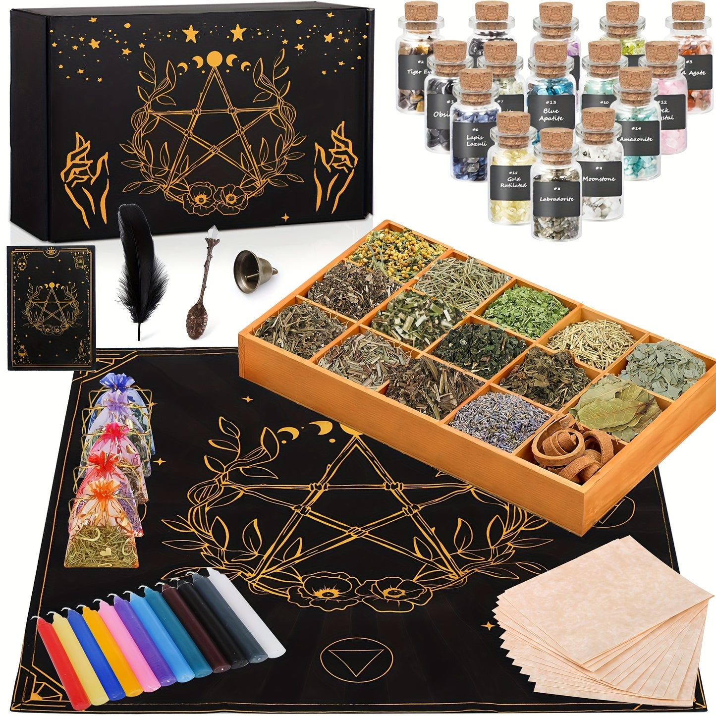 64-piece ritual decor starter kit with crystals candles herbs wooden tray altar cloth and decorative tools arranged for beginner decor styling