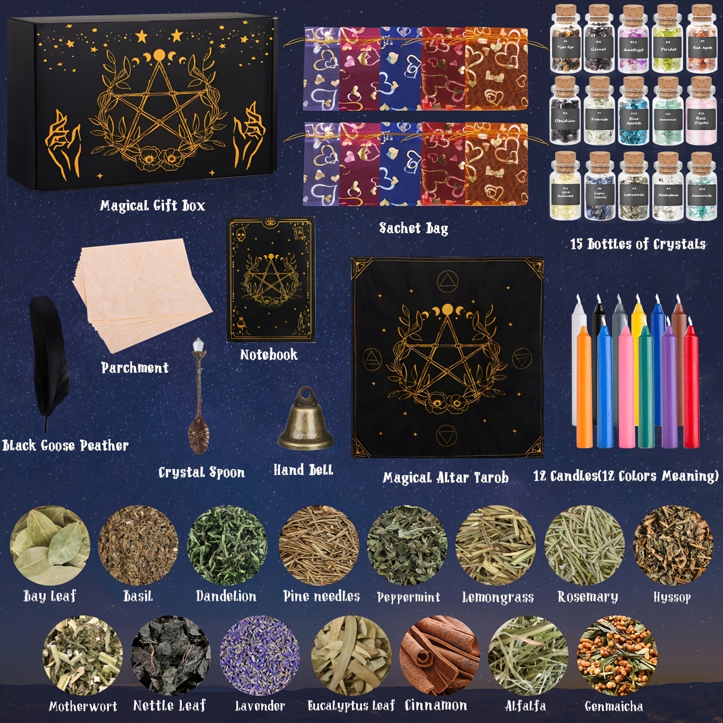 64-piece ritual decor starter kit with crystals candles herbs altar cloth and decorative tools arranged for beginner decor styling box contents