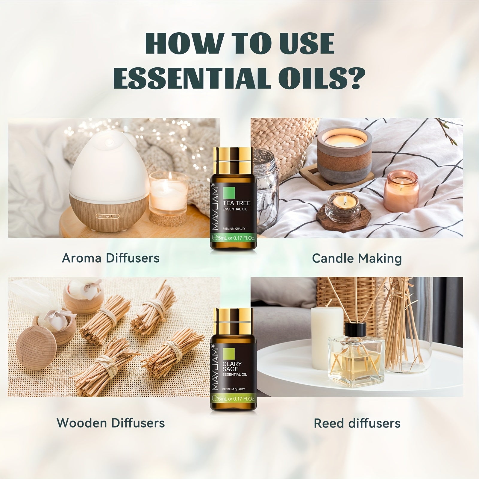 Infographic on how to use essential oils with images of diffusers and candles.