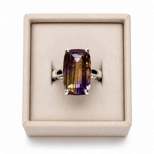 Sterling silver ametrine rectangle ring in a box displayed on a white background. - Clover's Charm