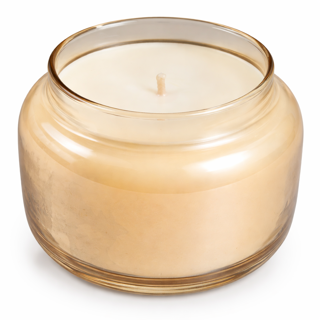 Close up of cream colored soy wax candle in clear glass jar showing smooth wax surface and centered wick