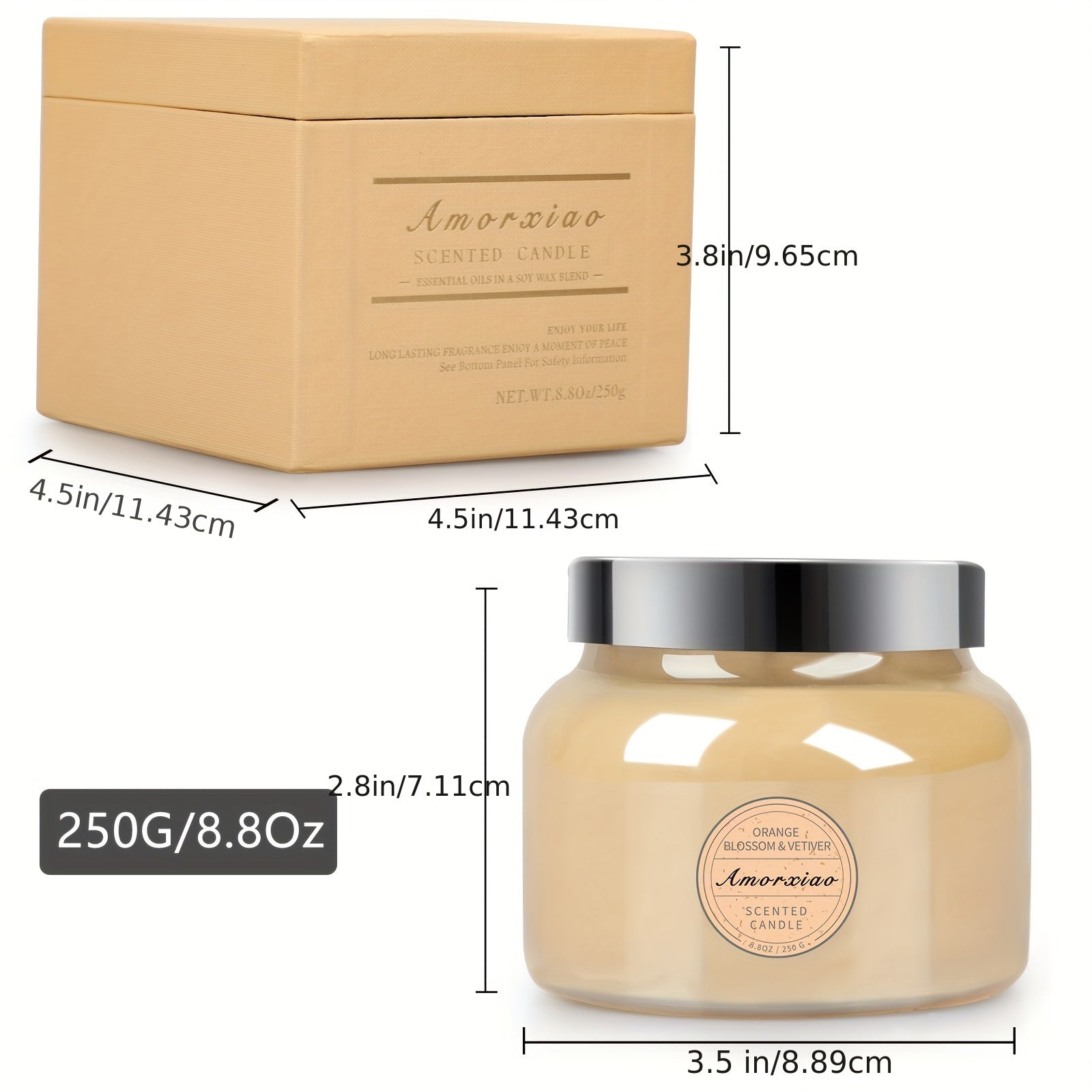 Scented candle gift set with glass jar and matching box shown with size measurements. 8.8Oz for home decor use