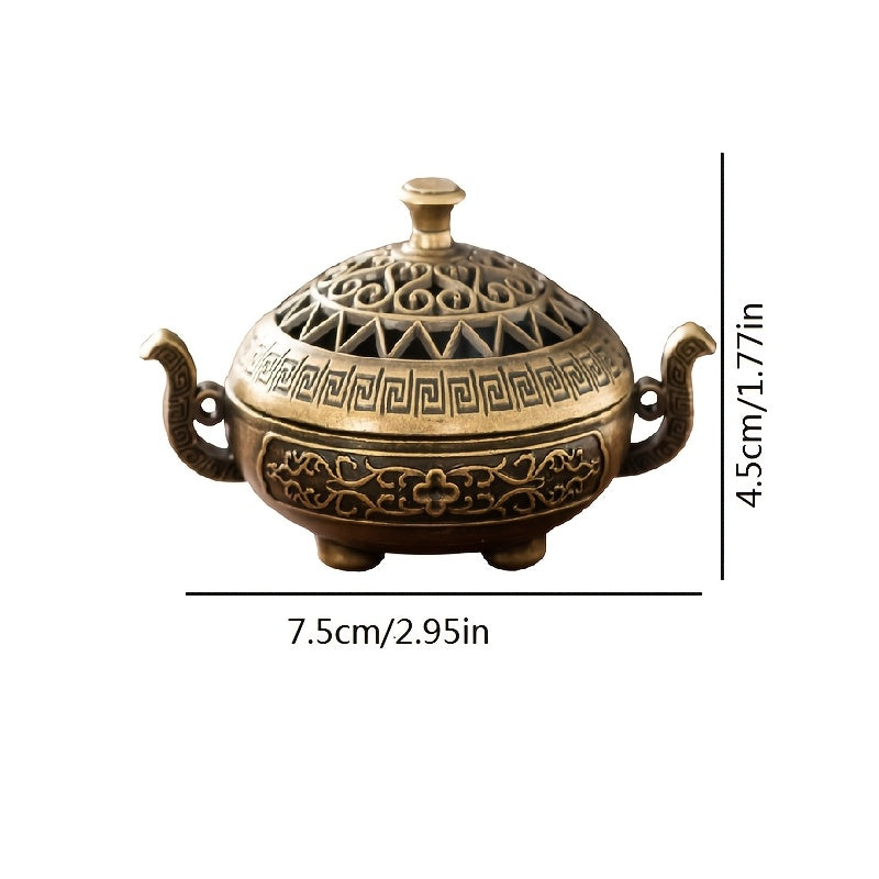 Antique Style Metal incense burner shown with measurement lines indicating width and height on white background.
