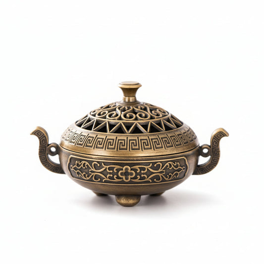 1pc Antique Style Metal Incense Burner, Double Ear Design with Exquisite Carvings, Hollow Pattern, 3-Legged Base, on a white background. For Home Decor - Clover's Charm