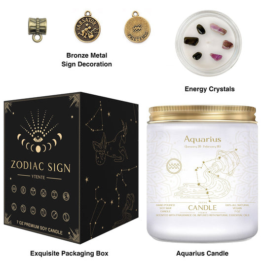 Seven ounce Aquarius zodiac candle in glass jar with gold lid and illustrated astrology label shown beside matching decorative gift box 