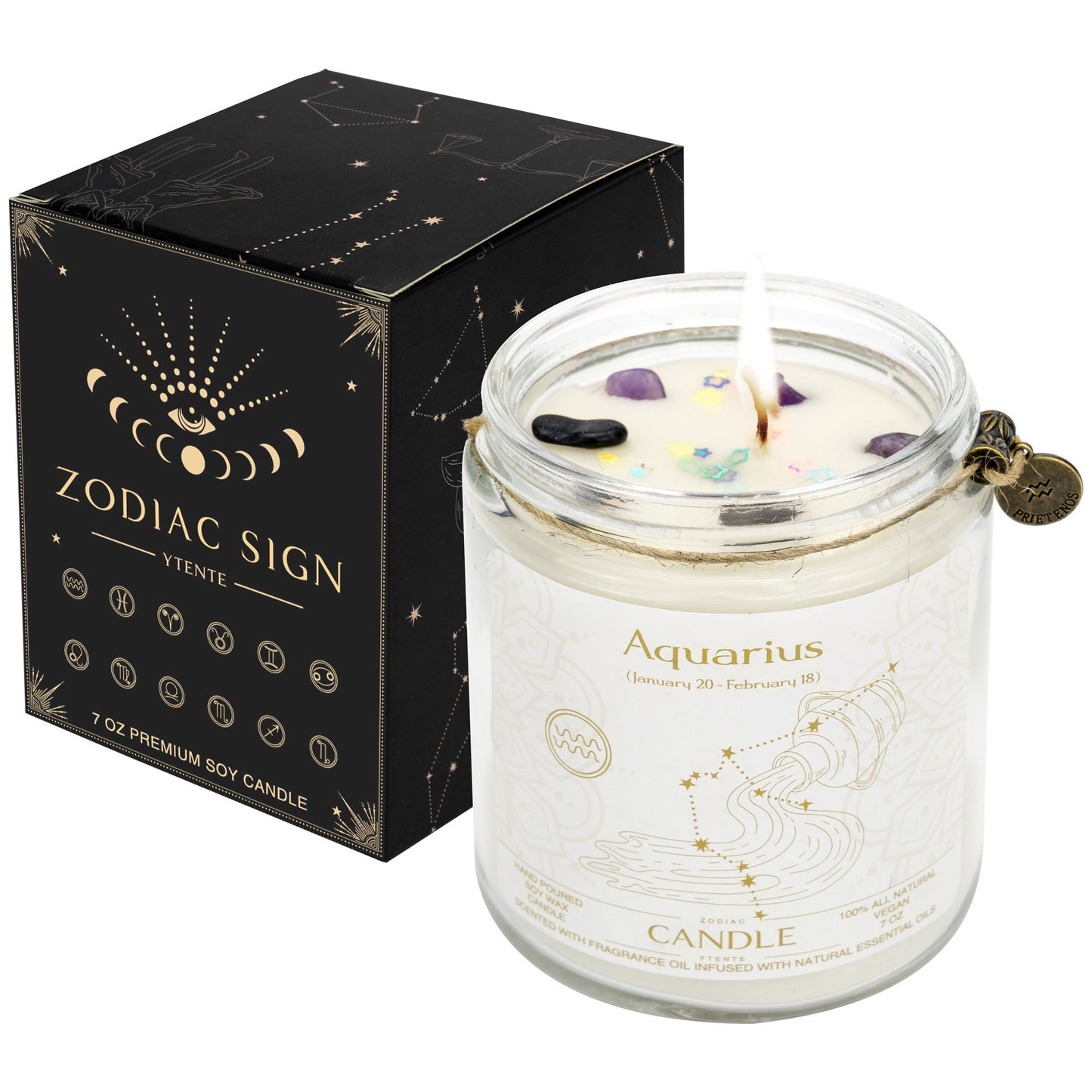 Lit Aquarius zodiac candle in clear glass jar with lavender sprigs visible wax crystals and printed astrology design with size dimensions shown